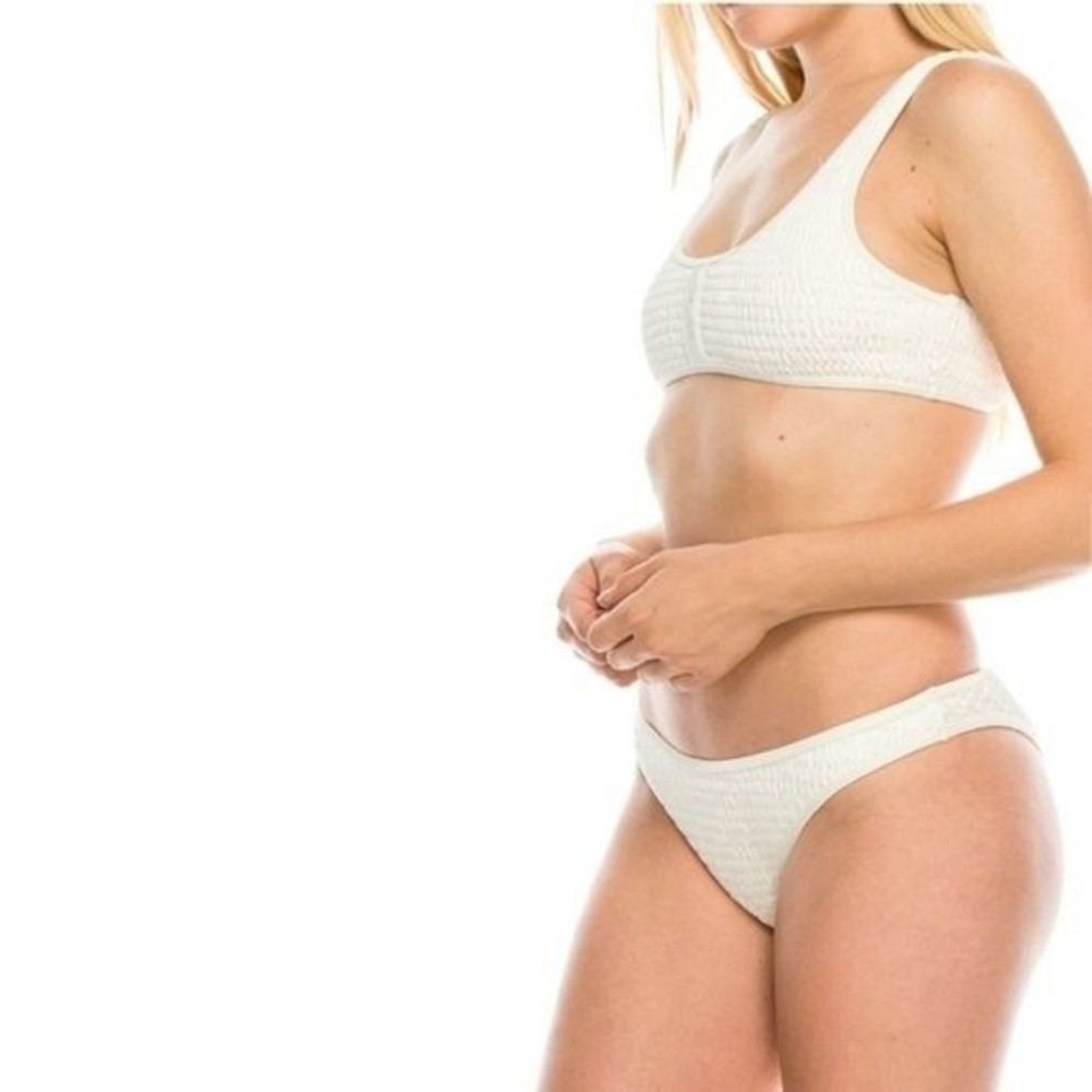 Kendal+Kylie Women Optic White Henley Top Cheeky Bottom Bikini Swim Set Sz L NEW